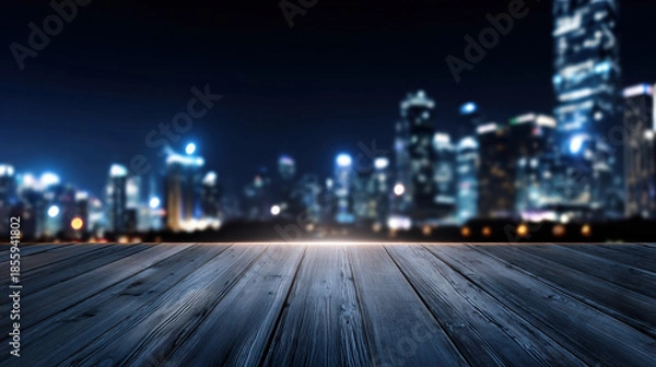 Fototapeta Night city skyline blurred behind wooden platform with glowing horizon, atmospheric urban nightscape