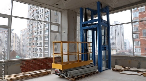 Obraz Construction progress modern elevator installation in urban high-rise building