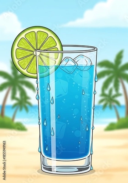 Obraz Refreshing Blue Drink with Lime Slice on Beach.