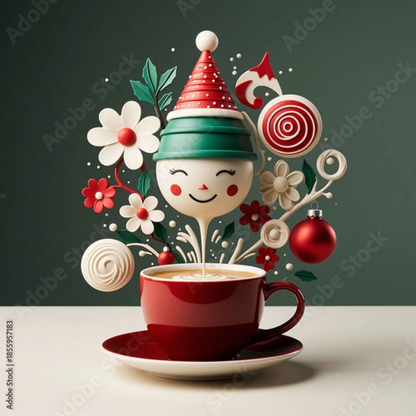 Fototapeta Cup of coffee with christmas decoration on the dark green background