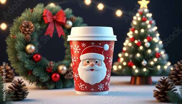 Fototapeta 3d render of christmas cup of coffee with christmas tree on background