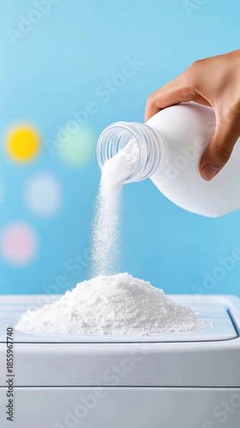 Obraz A person is pouring powder detergent into a front-loading washing machine, showcasing a common household chore in a modern setting.