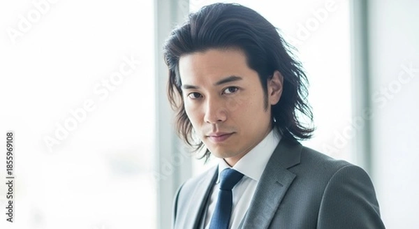 Obraz 高級感漂うビジネススタイル：スタイリッシュな長髪の日本人男性ビジネスマン