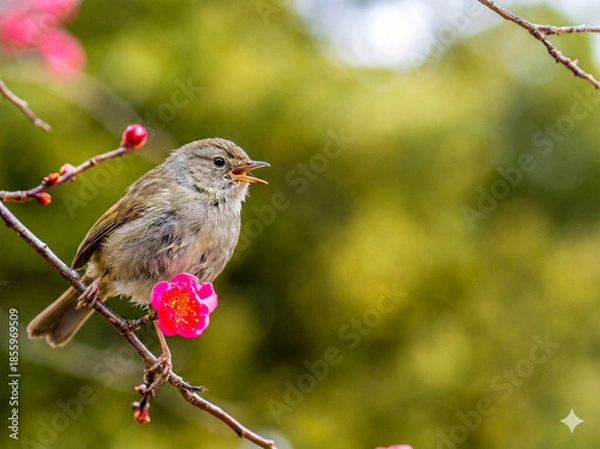 Obraz 春を告げる歌声、紅梅とさえずるウグイス