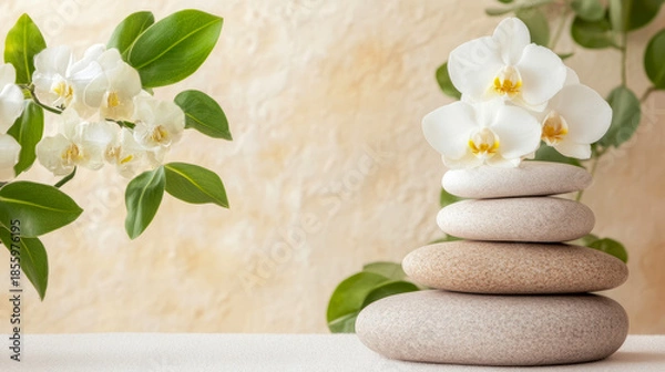 Fototapeta Serene composition featuring stack of smooth, balanced spa stones crowned with delicate white orchid blossoms against soft, textured beige background