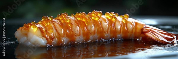 Fototapeta Close-up of perfectly peeled, succulent gourmet shrimp topped with glistening vibrant orange salmon roe, presented as opulent appetizer on dark, reflective platter.