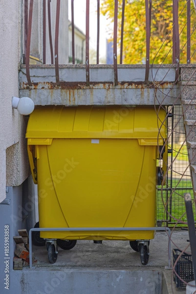 Fototapeta Yellow Plastic Recycling Bin Hidden Under Stairway Building Waste Sorting