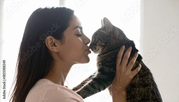 Fototapeta ネコとキスをする女性の横顔の写真