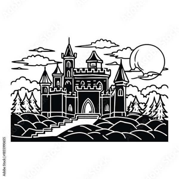 Obraz Castle silhouette dramatic night moon