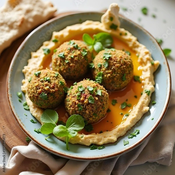 Obraz Falafel balls with hummus and pita bread.