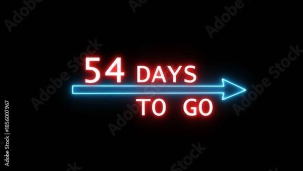 Obraz Glowing neon 54 days countdown text number. Glowing timer number illustration on black background.