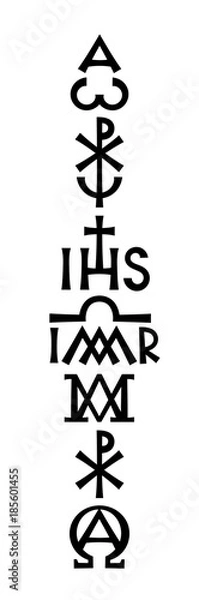 Fototapeta Pillar of Faith (Christograms i monogramy chrześcijaństwa). Średniowieczne chrześcijańskie mistyczne znaki, symbole, hieroglify, postacie i listy.