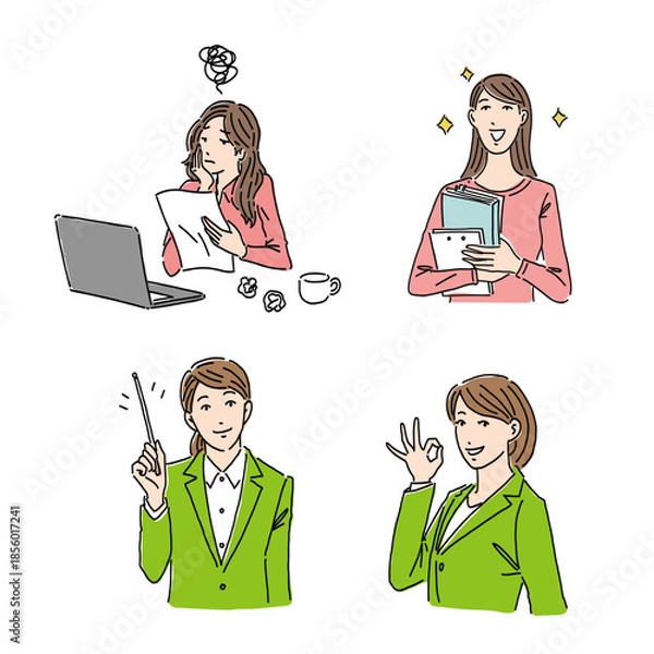 Obraz ビジネスで使える女性のイラスト 説明する 悩む 解決する
