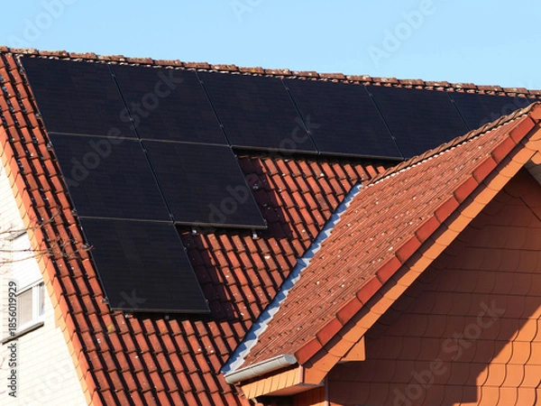 Obraz Solar panel installation on a red roof