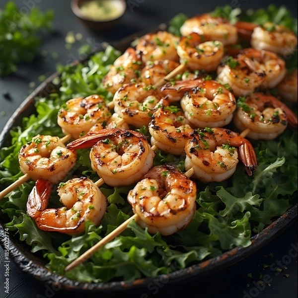 Obraz Grilled shrimp skewers with garlic butter, served on a bed of greens.