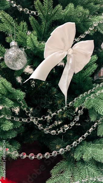 Obraz Festive Scandinavian Christmas Tree with White Silver Ornaments.