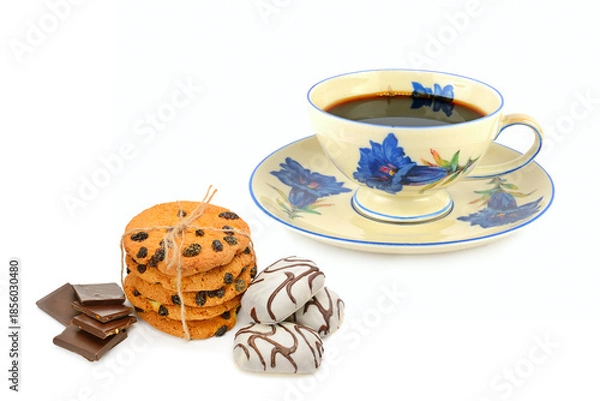 Obraz Elegant vintage teacup with assorted sweets and biscuits.