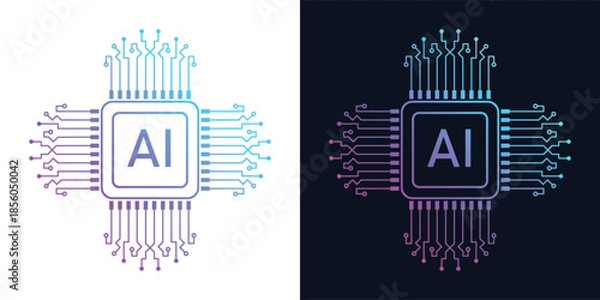 Fototapeta Artificial Intelligence AI Chip in Human Brain. Artificial Intelligence icon with Machine learning, digital skills, generative AI, AI technology, algorithm, virtual intelligence and future