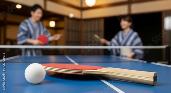 Fototapeta 温泉旅館の卓球道具、日本の伝統的な文化とレジャーシーン