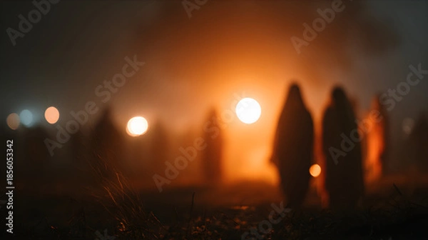 Obraz People dancing around a Bonfire wearing traditional clothes. festival of lohri or Holi or Holika Dahan celebration concept.