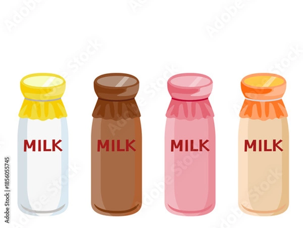 Obraz 懐かしい瓶入り牛乳のセット（プレーン、コーヒー、いちご、フルーツ味）