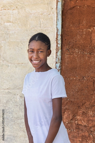 Obraz village african young girl teenager, with braids hairstyle , outdoors in the nature, at home , in front of the house wall