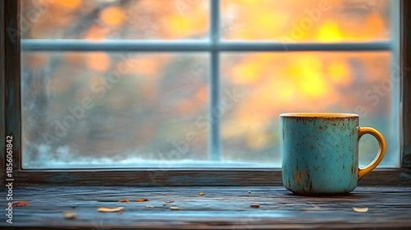 Fototapeta Morning sunlight illuminates a black coffee cup on a wooden table creating a serene copy space image