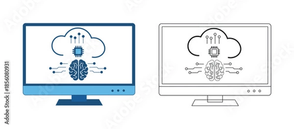 Obraz AI Cloud Computing Brain Chip Integration on Computer Monitor Vector Illustration