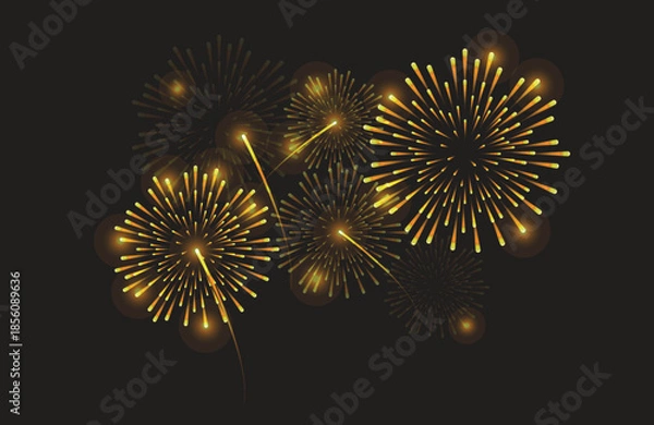 Fototapeta Golden fireworks exploding against a dark background vector illustration.