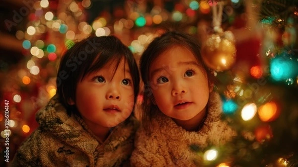 Obraz Children in Cozy Sweaters Looking Up at Christmas Tree Decorations