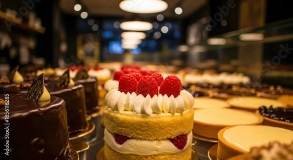 Fototapeta Delicious cakes displayed in pastry shop. Various types of cakes on glass shelves. Sweet treats with cream and fruits showcased. Bakery business offers tempting selection of desserts.
