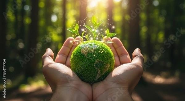 Fototapeta Hand holds a green globe with leaves and network connections. Earth planet eco concept of ecology, environment, nature, conservation, Sustainable development, global warming, save world.