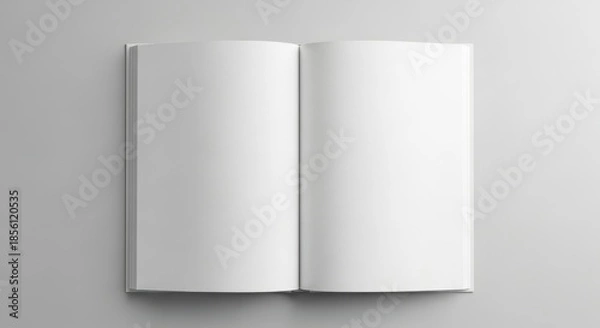Fototapeta Open blank magazine pages, template mockup for graphic design. Clean white spread, minimalist layout for advertisement, book and album presentation. Tabletop workspace concept with soft wave texture.