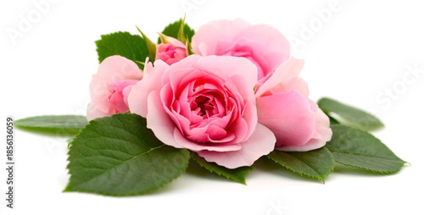 Fototapeta Pink rose flowers with green leaves isolated on white