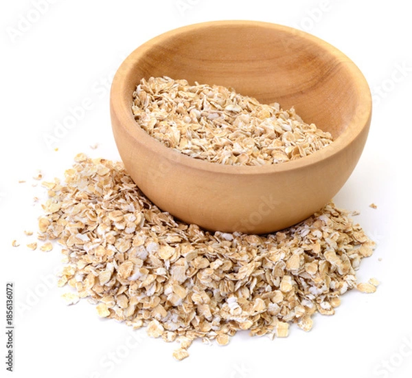 Obraz Oat flakes in wooden bowl isolated on white