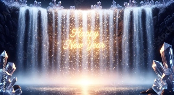 Obraz Enchanting waterfall cascading over sparkling crystals illuminated by golden glitter casting a bright happy new year greeting for celebration