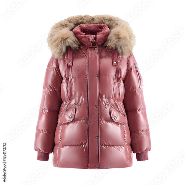 Fototapeta Pink Puffer Coat with Fur Hood isolated on transparent background