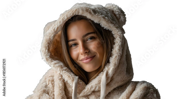 Fototapeta Smiling young woman in fluffy hoodie isolated on transparent background
