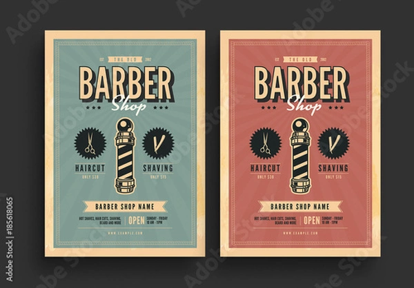 Fototapeta Retro Barbershop Flyer with Sunburst Background