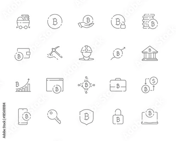 Fototapeta Simple set of Bitcoin related vector line web icons. Contains such Icons as Bitcoin, Miner, Distribution, Security, Portfolio and more. Editable Stroke. 48x48 Pixel Perfect.