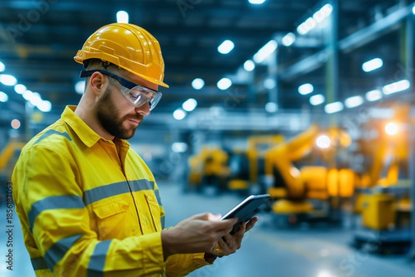 Obraz Worker checks progress on tablet in modern factory setting