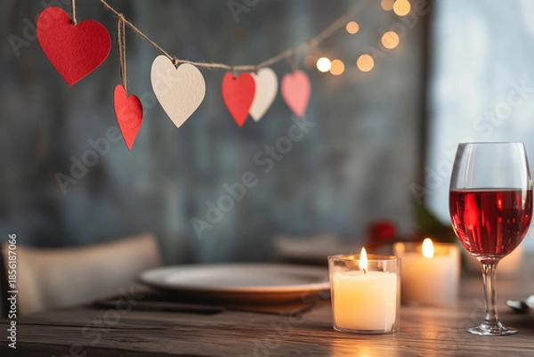 Obraz Romantic dinner setting with heart decorations and soft lighting