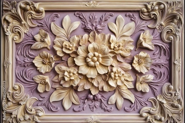 Obraz Ornate bas-relief panel features detailed three dimensional floral carvings set against a contrasting background