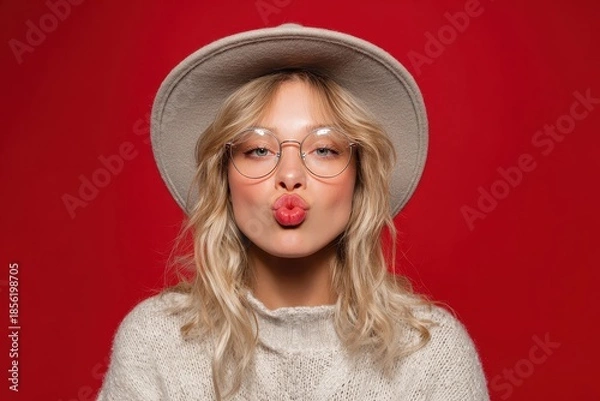 Obraz Charming Blonde in Hat and Glasses Pouting Playfully Against a Bold Red Backdrop