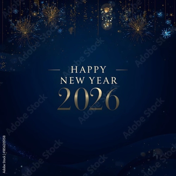 Fototapeta Elegant Happy New Year 2026 Celebration on Dark Blue Background. 