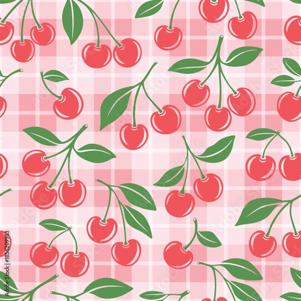 Obraz Vector Seamless Pattern with Cutout Cherry. Single, Pair of Cherries and Cluster of Cherries with Leaves, Repeated Print