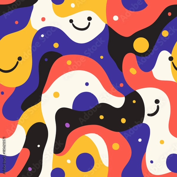 Fototapeta Seamless abstract patterns with bold colors and playful smiley faces. Groovy shapes, retro vibes, and trippy doodles create vibrant, happy, and eye-catching backgrounds.