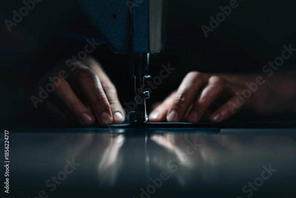 Obraz a man at work on a sewing machine. without a face.	
