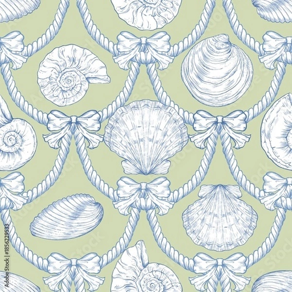 Fototapeta Seashell Seamless Pattern, Feminine Design, Elegant Scallop Shell Ocean Repeat, Nautical Digital Pattern