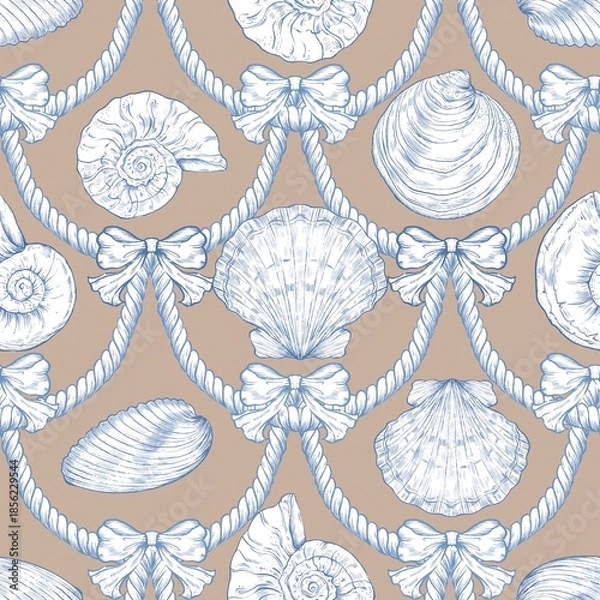 Fototapeta Seashell Seamless Pattern, Feminine Design, Elegant Scallop Shell Ocean Repeat, Nautical Digital Pattern